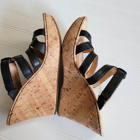 Born Lisi Sandals Womens 7 / 38 Black Leather Strappy Cork Wedge Heels Slides - Picture 7 of 12